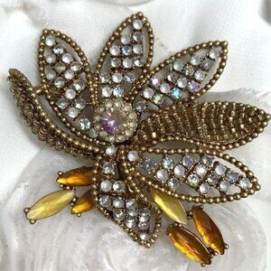 Liz Claiborne Vintage Crystal Flower Brooch - Gold/Amber/Diamanté, 3”x 2.5”